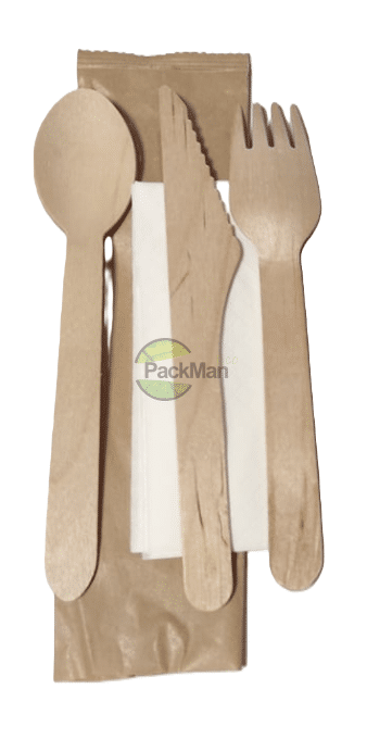 Wooden confectionery - (fork, knife, spoon and napkin) Packman