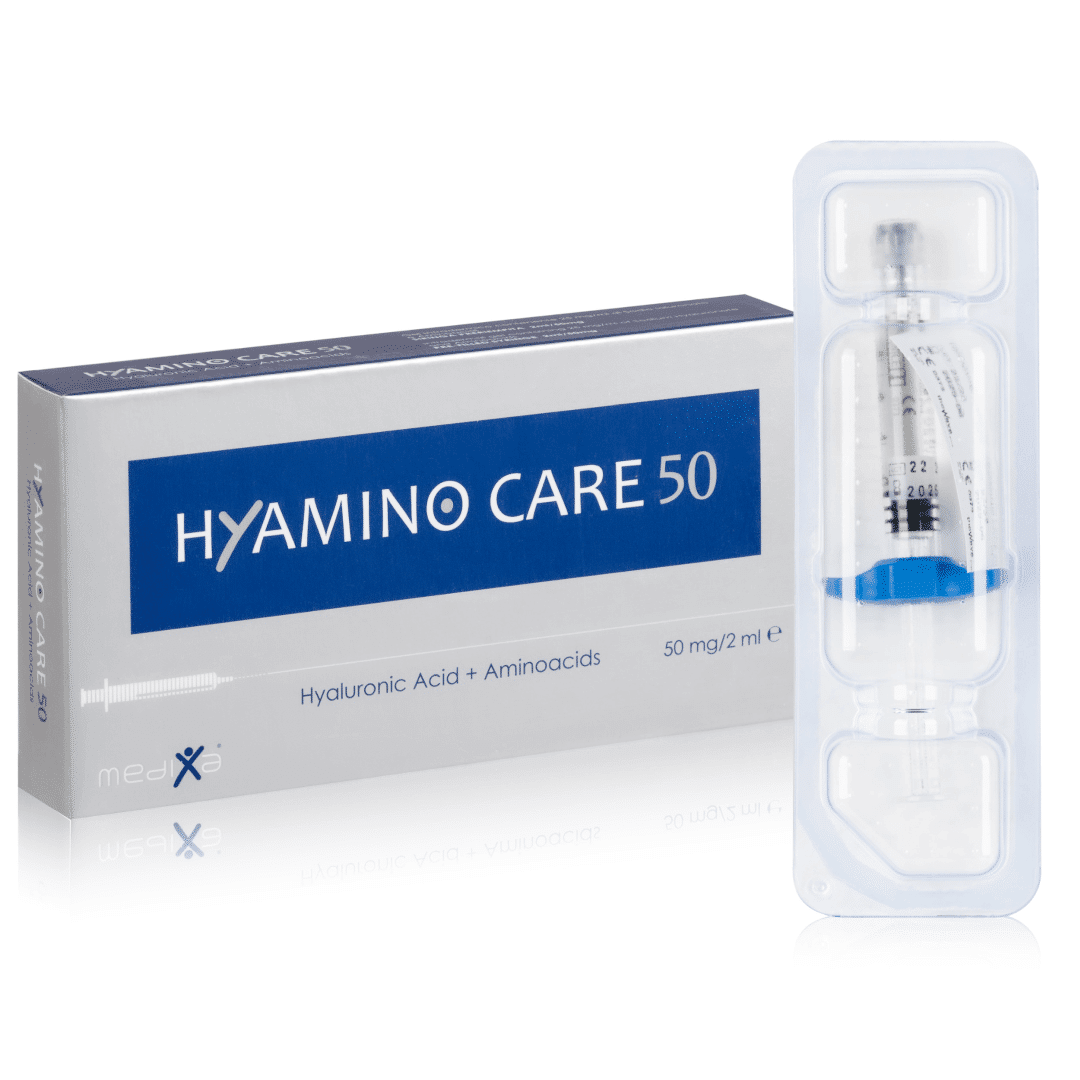 Hyamino Care 50 (1x2ml) zawiera kwas hialuronowy i kombinację 4 aminokwasów, prekursorów kolagenu i elastyny