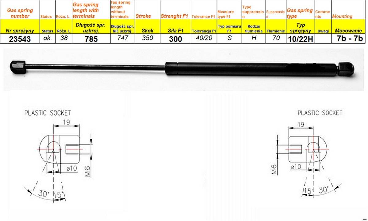 Sprężyna gazowa  L-785 mm  F-300N  7b-7b