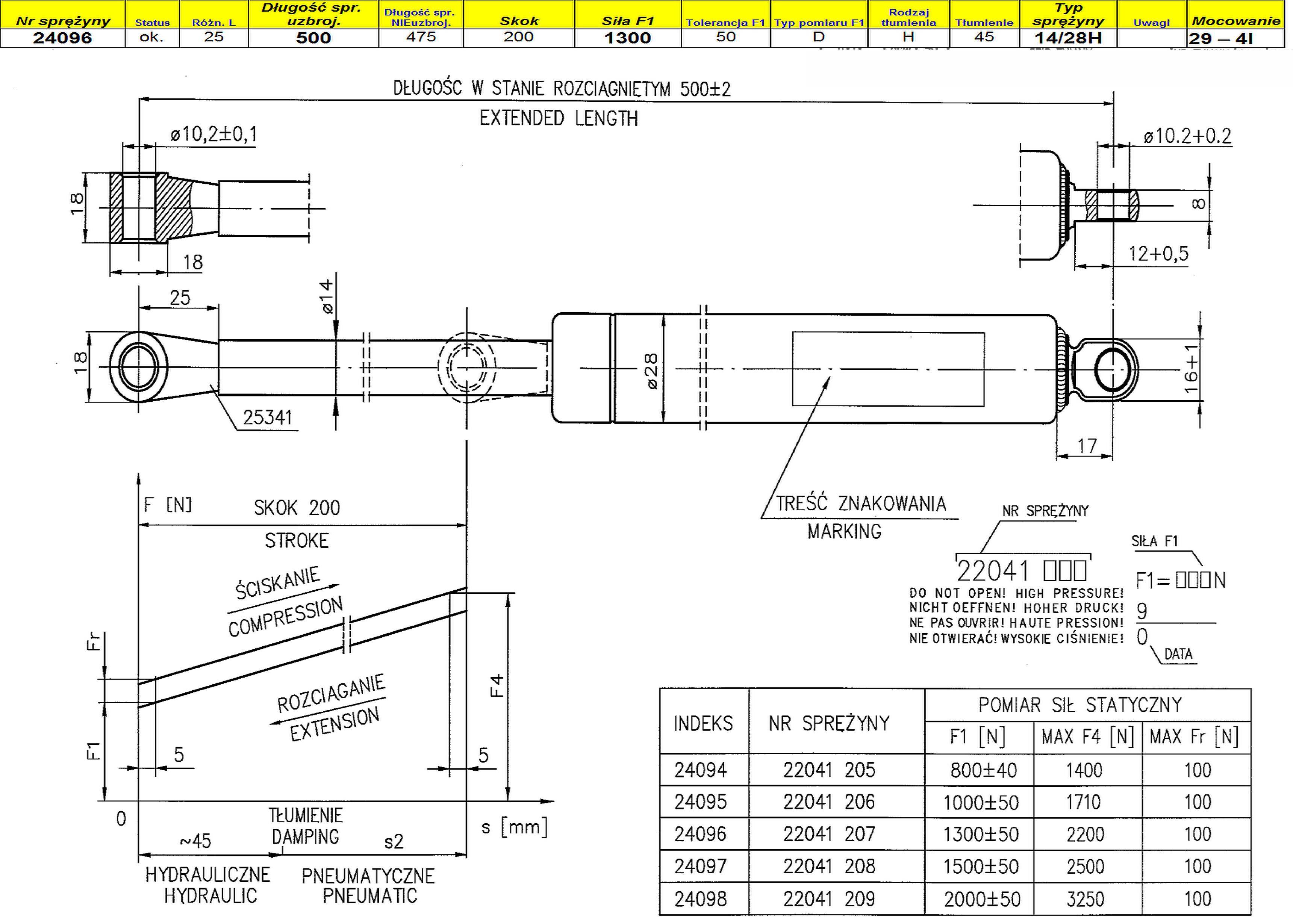 Sprężyna gazowa  L-500 mm  F-1300N 2*CS1