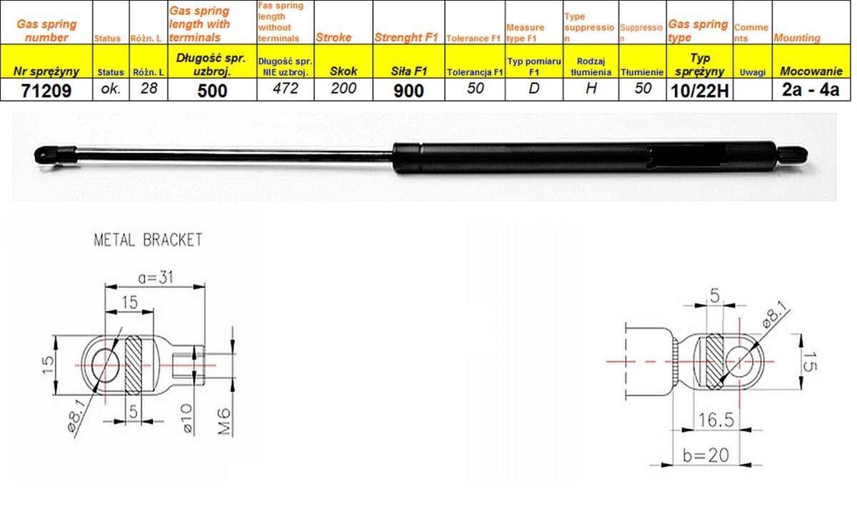 Sprężyna gazowa  L-500 mm  F-900N  2a-4a