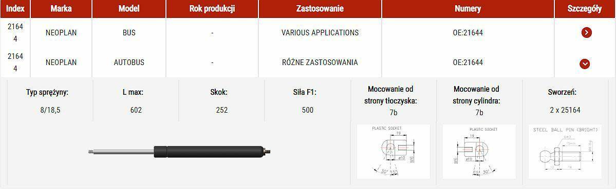 Sprężyna gazowa  L-602 mm  F-500N  7b-7b