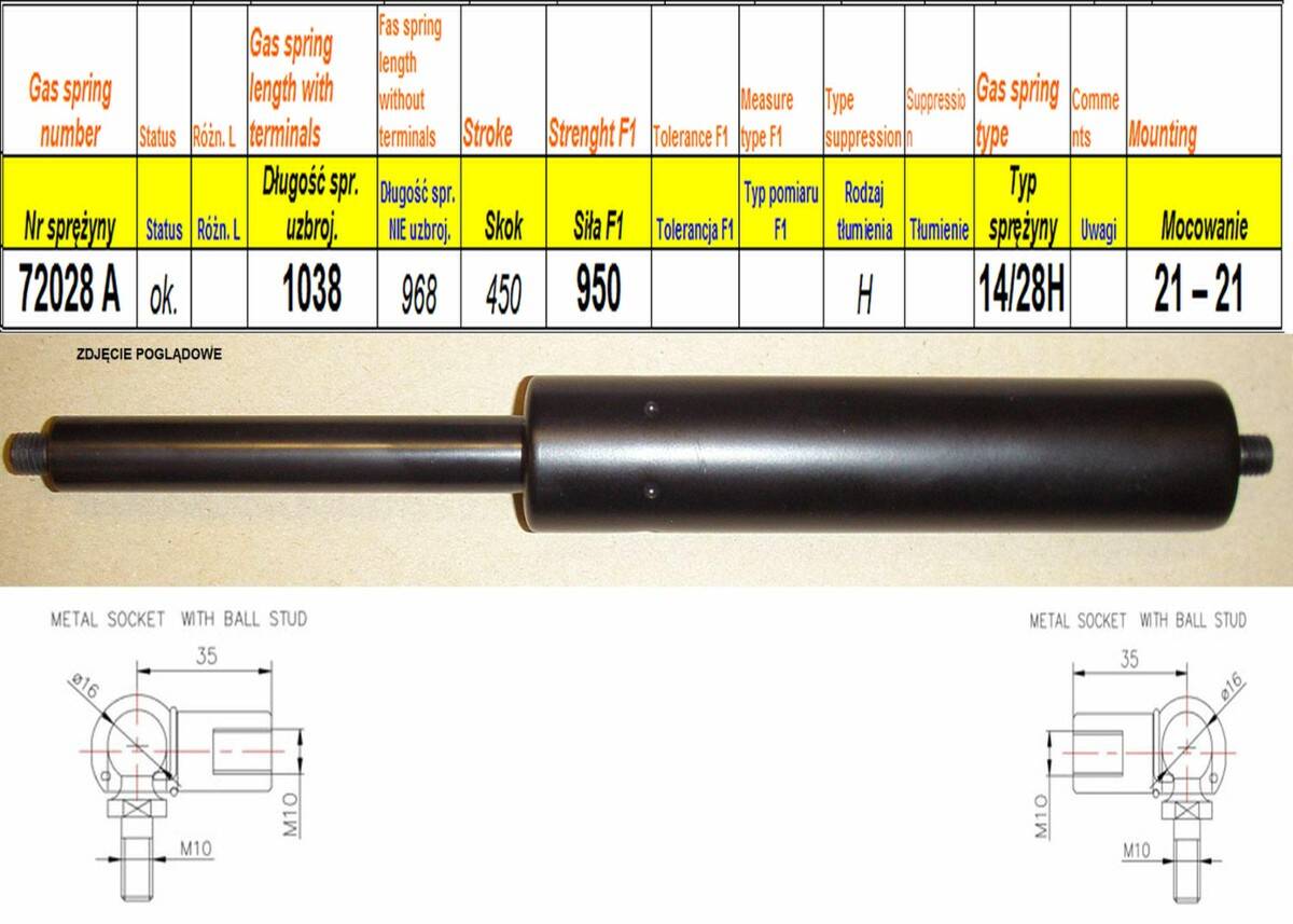 Sprężyna gazowa  L-1038 mm F-950N 21- 21