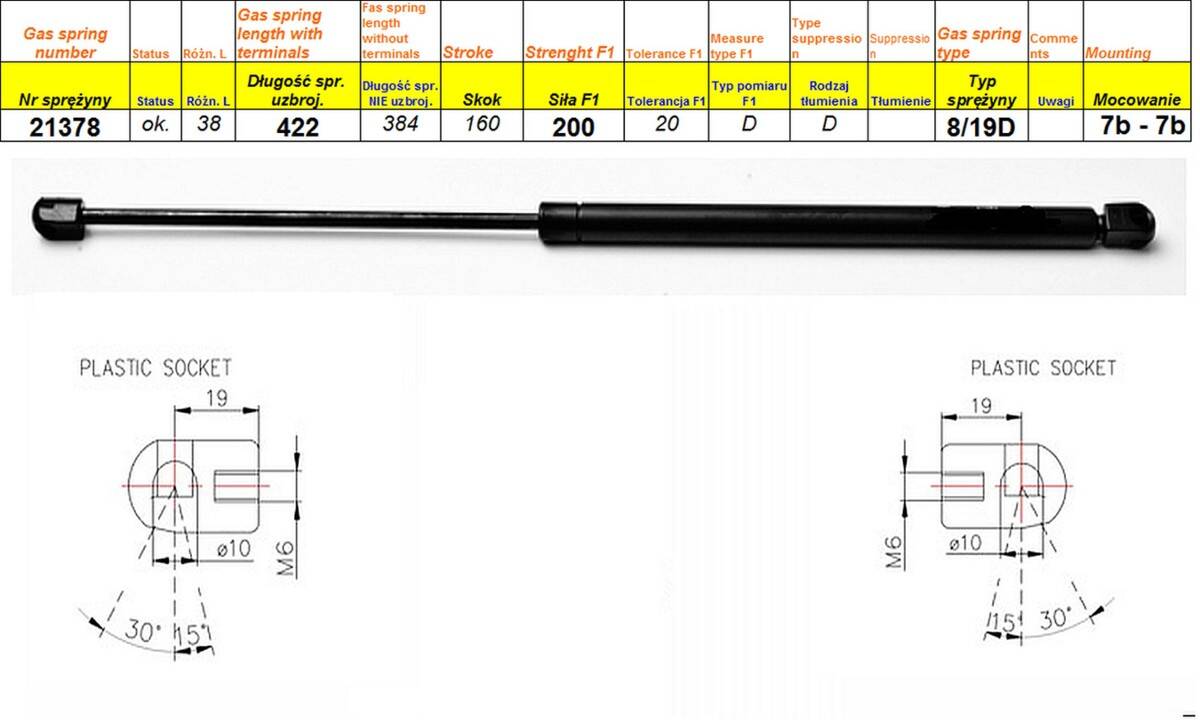 Sprężyna gazowa  L-422 mm  F-200N  7b-7b