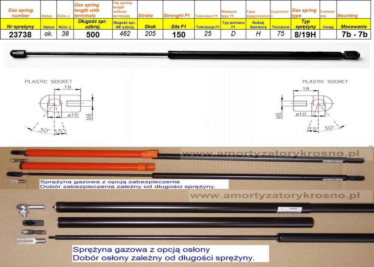 Sprężyna gazowa  L-500 mm  F-150 N 7b 7b