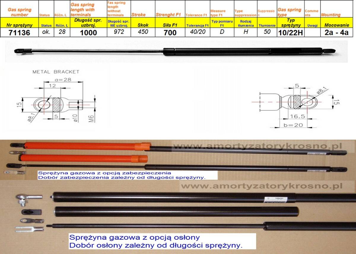 Sprężyna gazowa  L-1000 mm F-700N 2a-4a