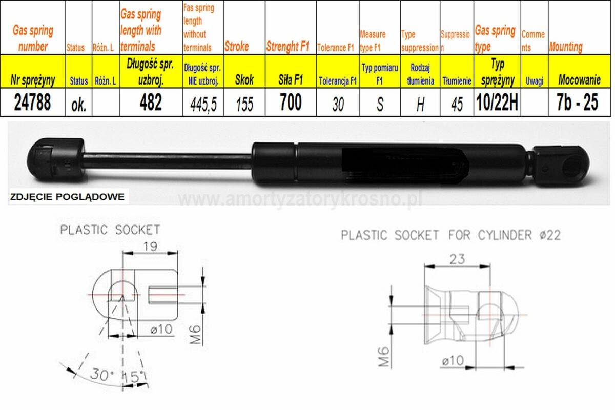Sprężyna gazowa  L-482 mm  F-700N  7b-25