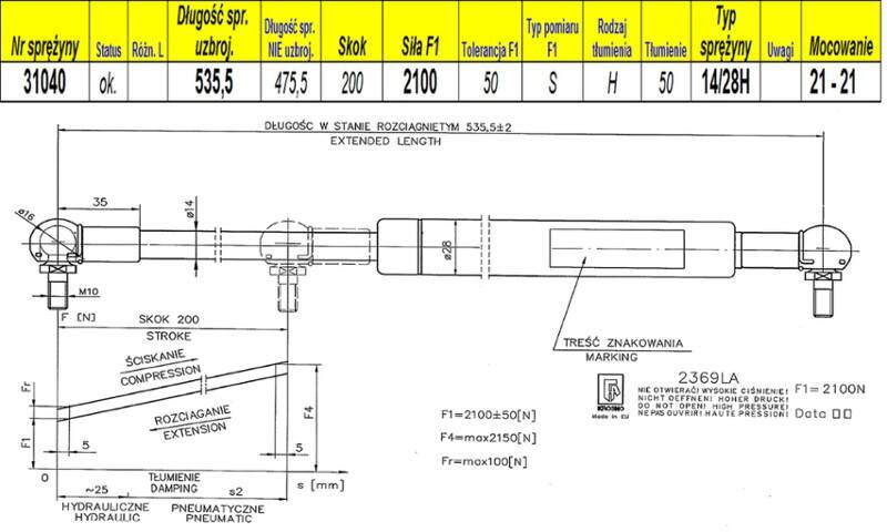 Sprężyna gazowa  L-536 mm  F-2100N 21-21 (Zdjęcie 1)