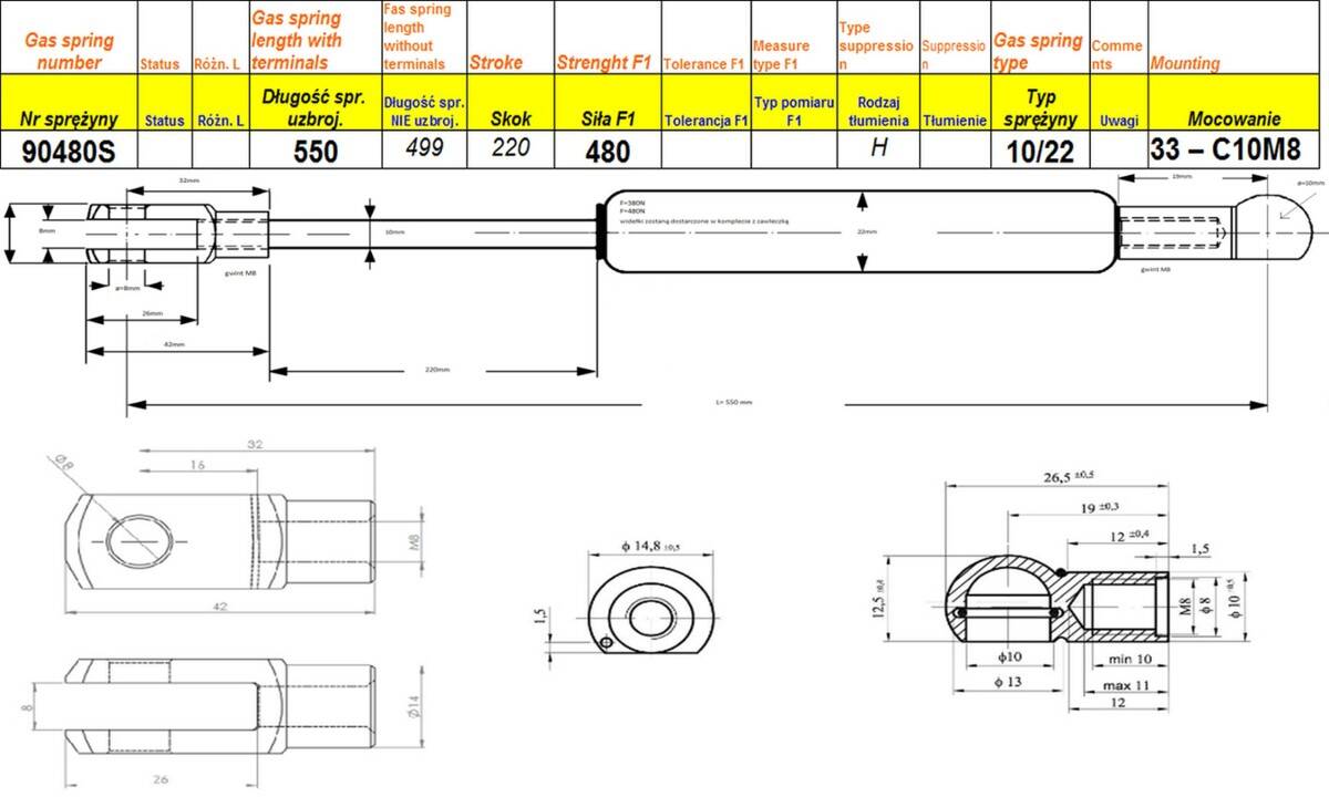 Sprężyna gazowa  L-550 mm F-480N 33-C10