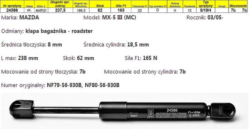 Sprężyna gazowa  L-238 mm  F-165N  7b-7b