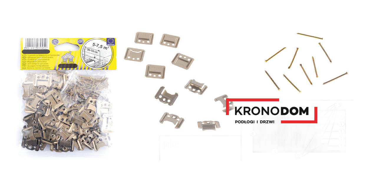 Klamry mocujące do paneli boazeryjnych C=6mm (1opk.=80 szt.+ gwoździki)