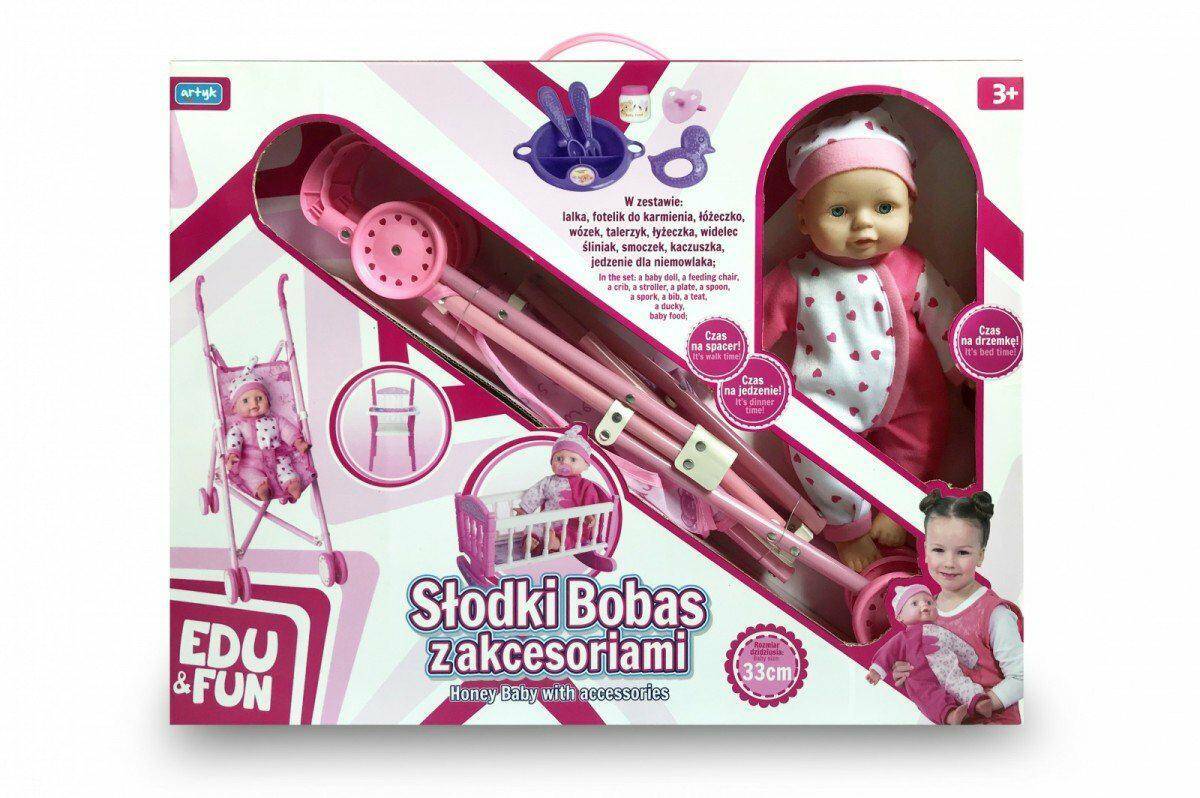 LALKA BOBAS Z WÓZKIEM I ŁÓZECZKIEM 0480