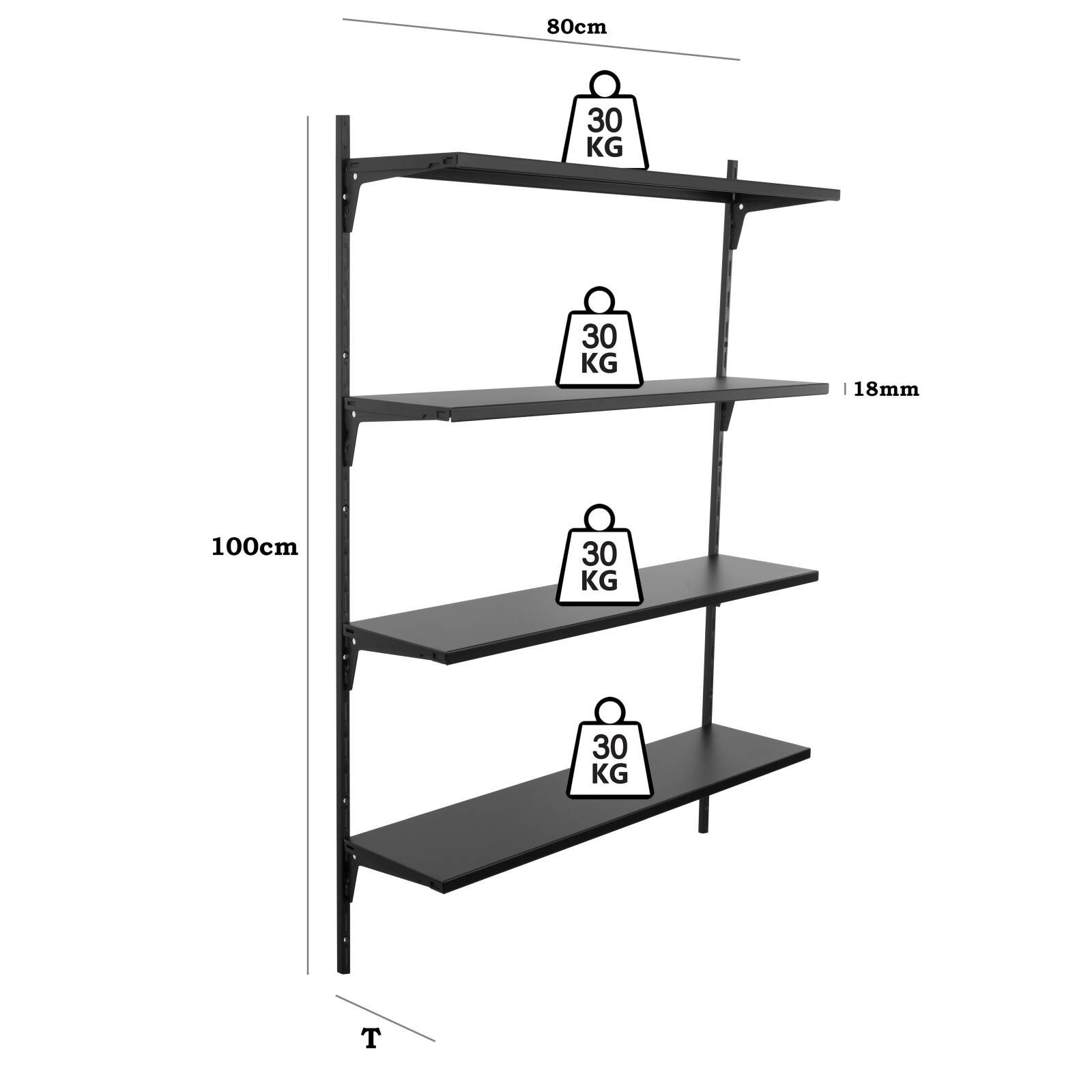Regał wiszący loft 20 cm – 4 półki, czarny mat wymiary