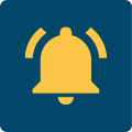 Żółty symbol alarmu - wydający dźwięk dzwon na granatowym tle.
