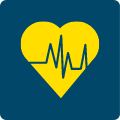 Żółte serce z naniesionym kradiogramem, symbolizujące zdrowie i kategorię urządzeń fitness.
