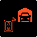 Pomarańczowo-czerwony kontroler radiowy do garażu, w oddali dom z ikoną auta w środku w tej samej barwie na czarnym tle.