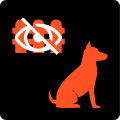 Pomarańczowo-czerwony płot ze znajdującym się białym okiem przekreślonym białą kreską, w prawym dolnym rogu pies w barwie wiodącej na czarnym tle.
