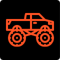 Pomarańczowo-czerwony monster truck symbolizujący zabawkę na czarnym tle.