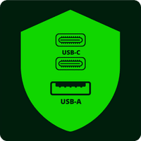 Ikona przedstawiająca 2 wejścia USB-C i USB-A na tle tarczy, znadujące się w ładowarce GP GM3A GaN.