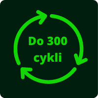 Graficzna reprezentacja cyklu w środku napis do 300 cykli. Jest to informacja o znacznej wytrzymałości ogniwa GP Recyko PRO Photo Flash.