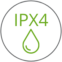 Okrąg z napisem IPX4 a pod nim kropla wody informujące o klasie wodoodporności latarki GP Design P55.