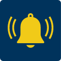 Żółty dzwonek wydający z siebie dźwięk, symbolizujący alarm na ciemno-granatowym tle.