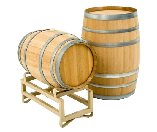 One wooden barrel on a metal barrel base with a capacity for 190-250L barrel.