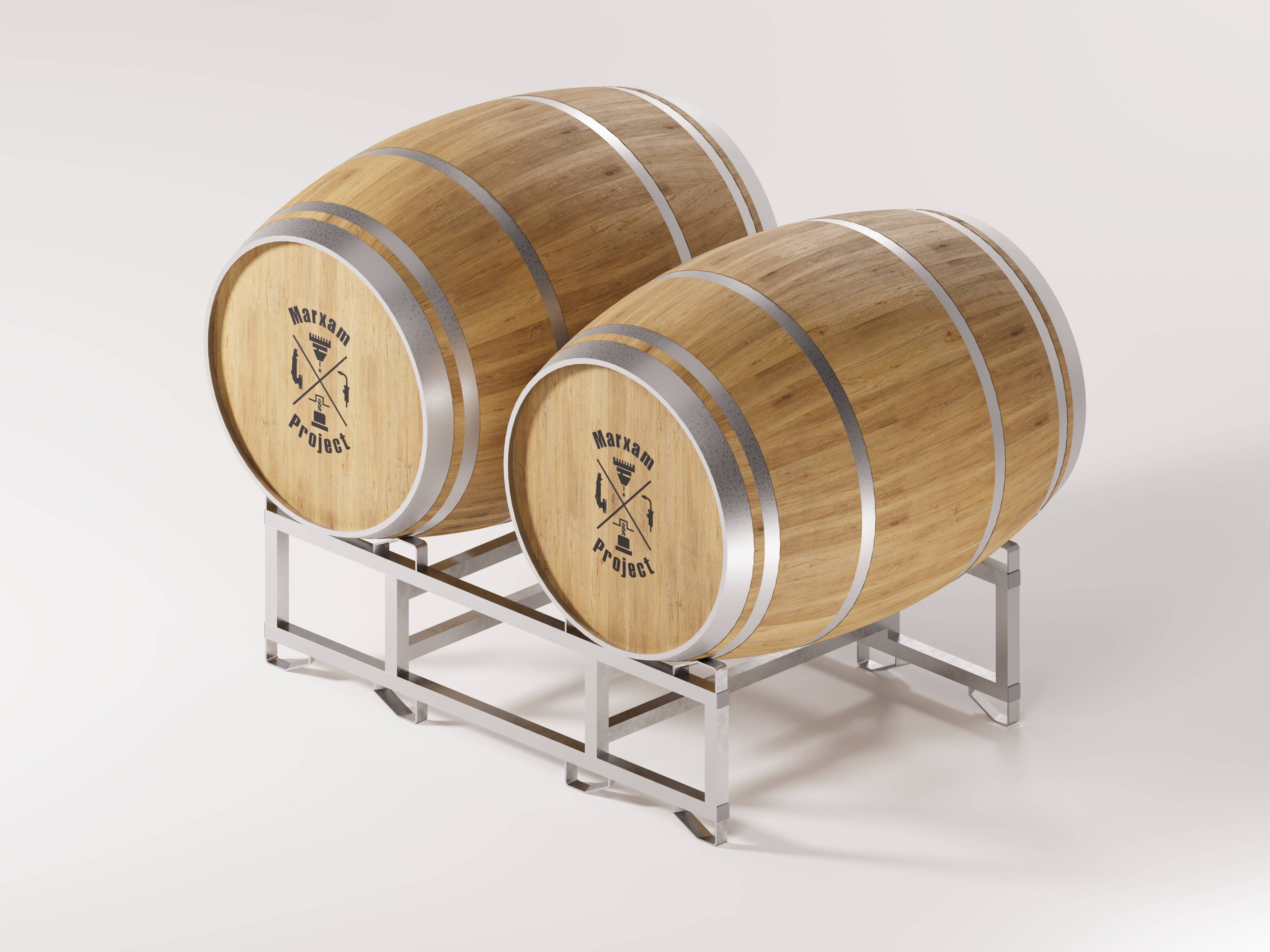 The picture displays a metal barrel storage rack holding two barrels made of wood, which are in excellent condition.