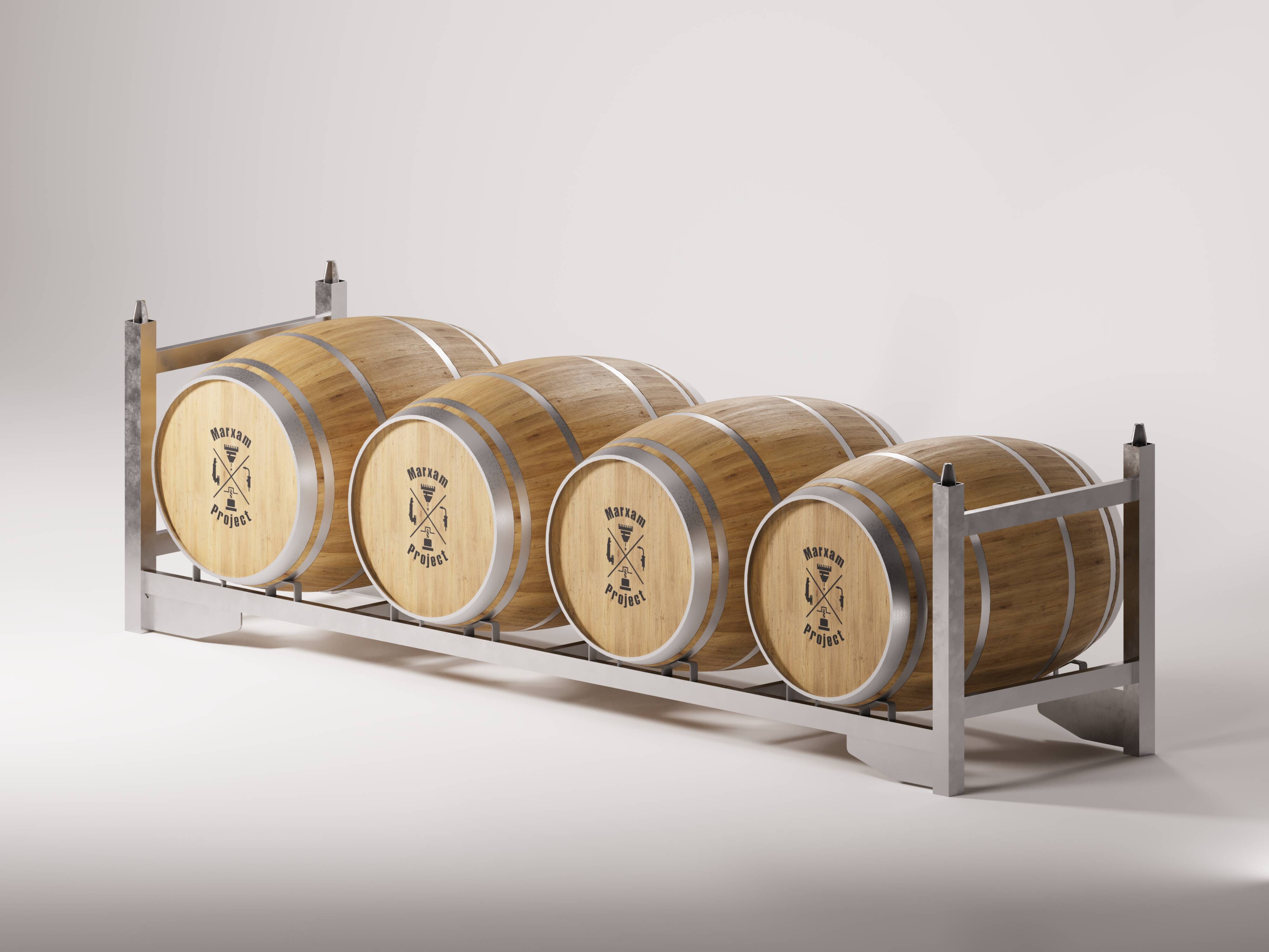 The photograph displays four barrels enclosed in a barrel cage on a metal rack, with the barrels appearing to be in good condition.