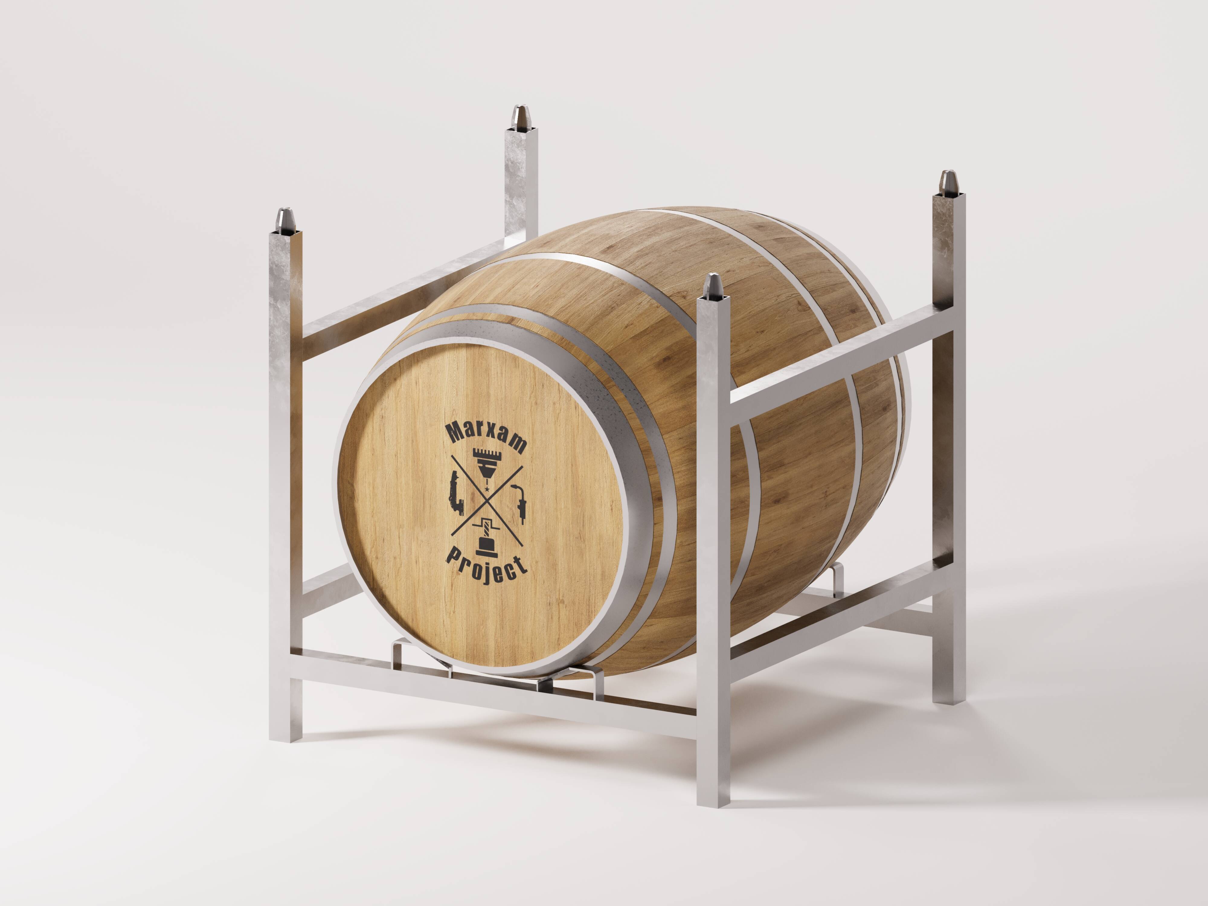 A photograph displays a wooden barrel placed atop a robust metal barrel cage. The barrel is enclosed within a protective cage, emphasizing its secure positioning and excellent condition.