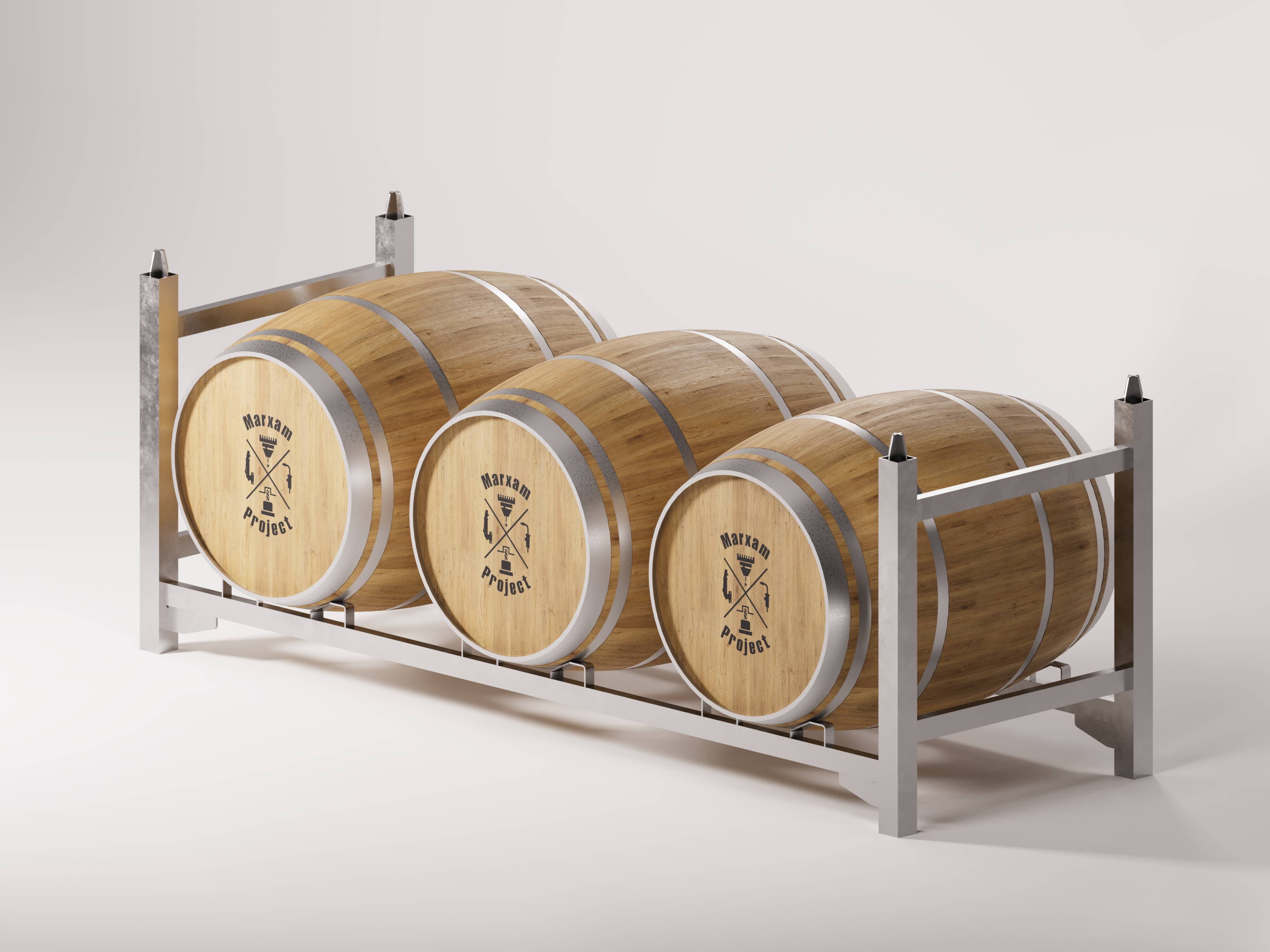 The image depicts a sturdy barrel cage holding three well-maintained wooden barrels.