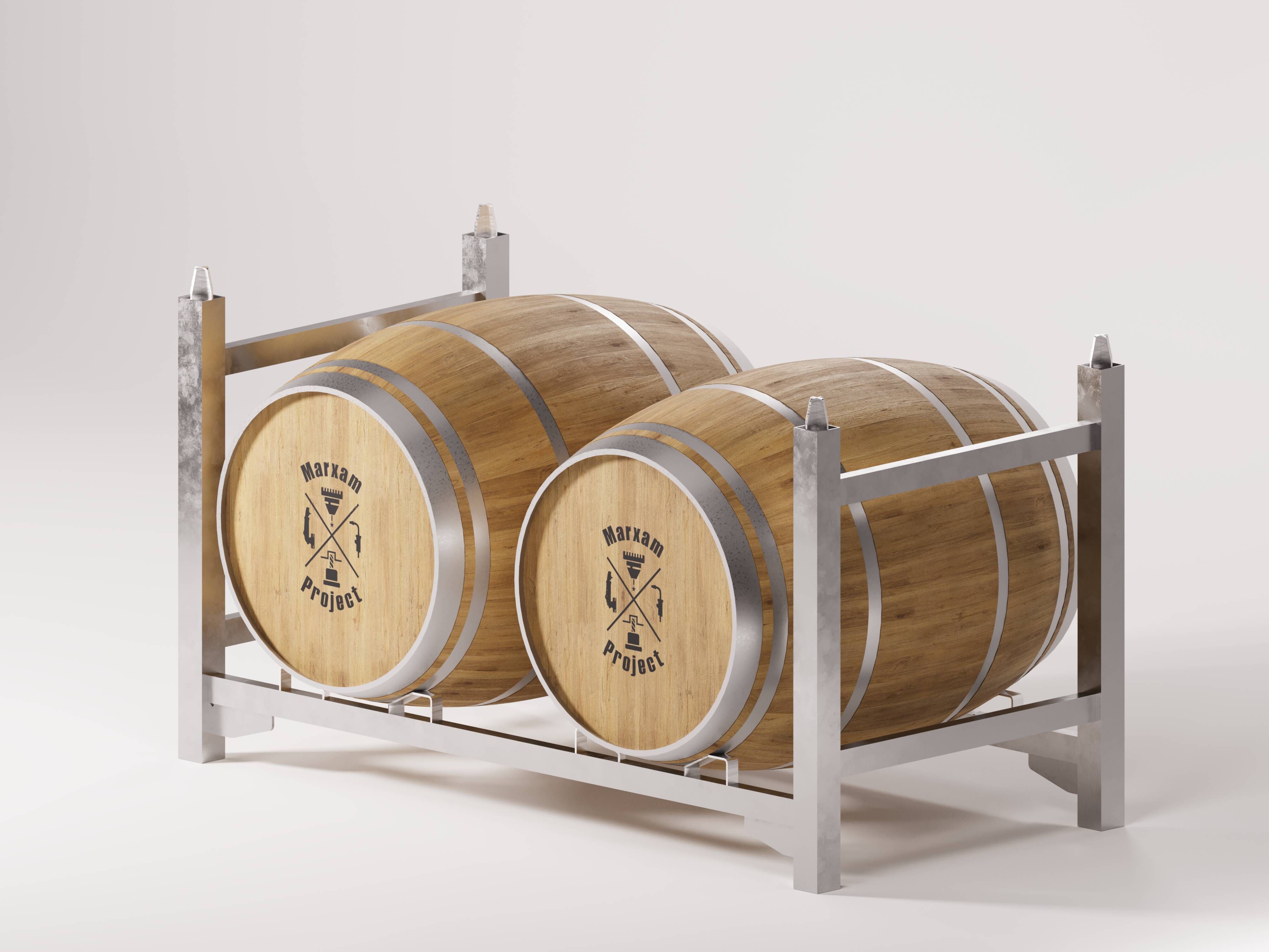 The image depicts a sturdy metal barrel cage supporting two well-maintained wooden barrels. The barrels are securely held within a barrel cage, showcasing their pristine condition.