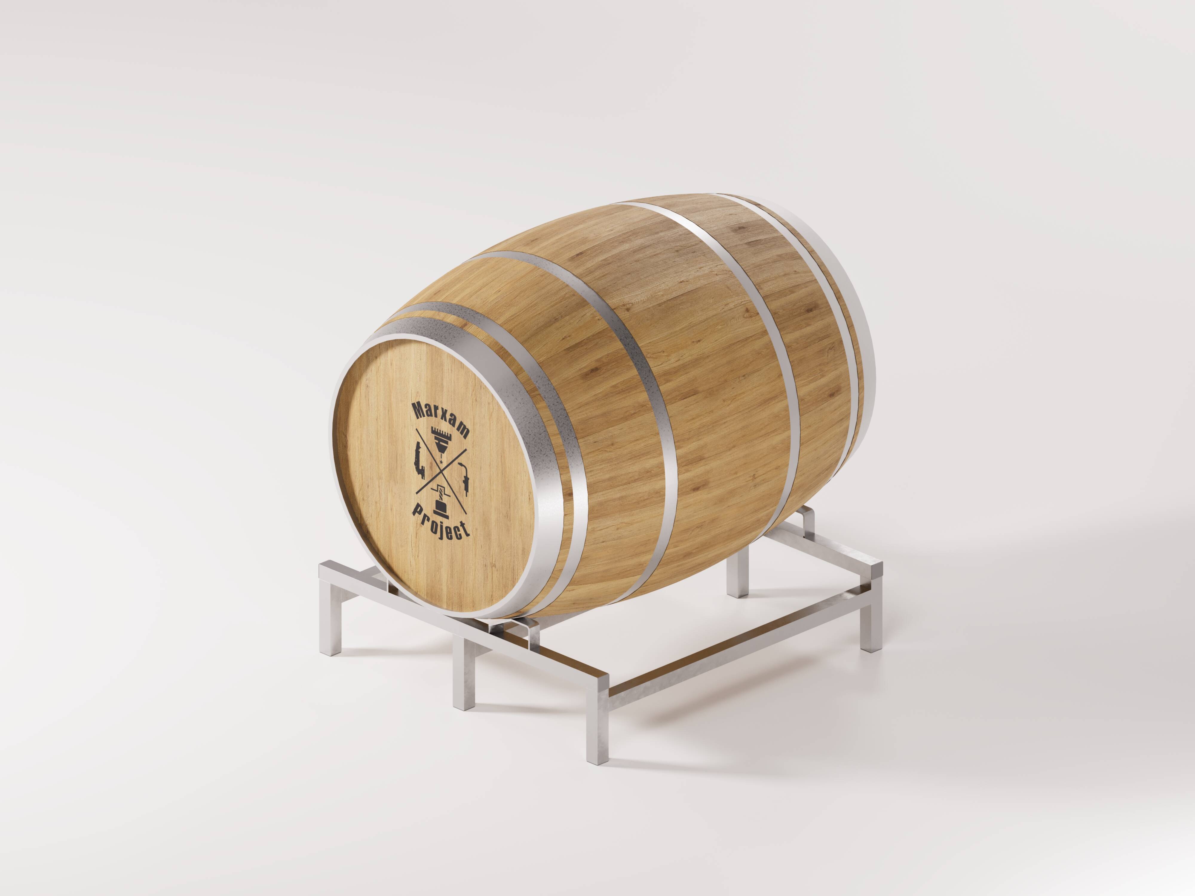 A wooden barrel on a rack with a metal base is depicted in the image. The single barrel rack, designed for storing one barrel, showcases a traditional wooden barrel placed securely on a sturdy metal rack.