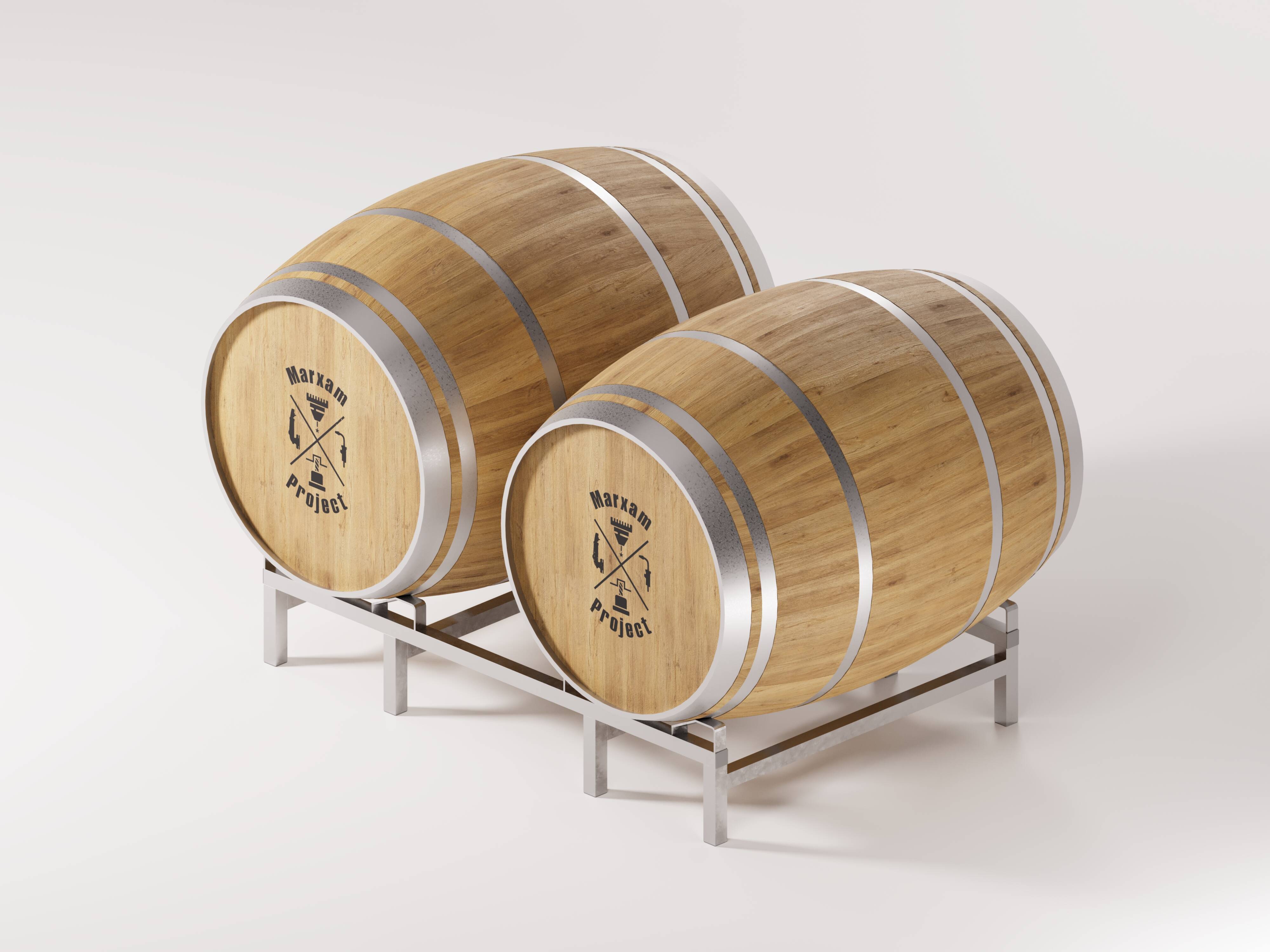 The image depicts a flawless white background showcasing a barrel stand holding two carefully preserved and firmly secured wooden barrels.