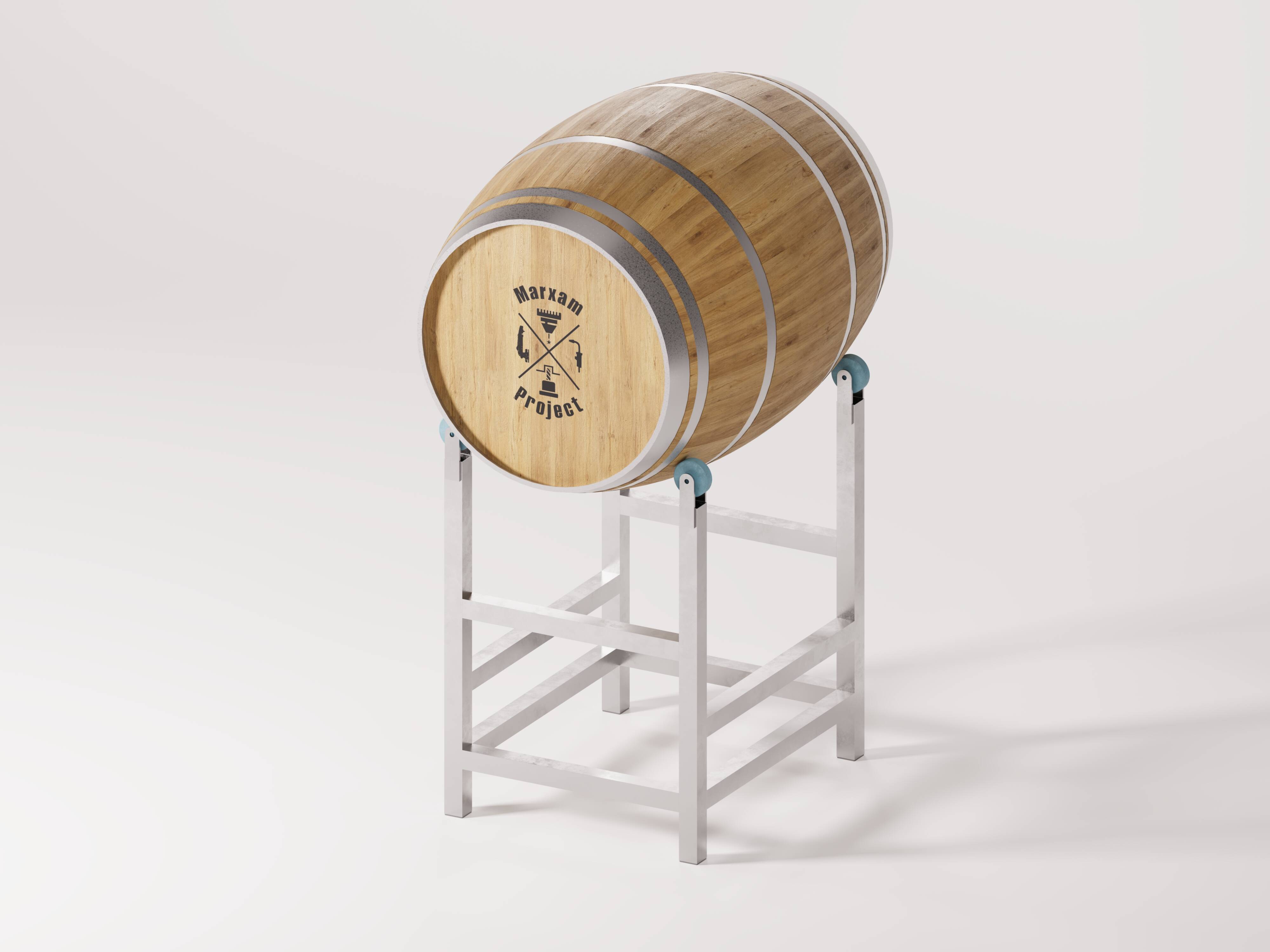 The picture depicts a rotating barrel cradle firmly holding a single barrel. The barrel is visibly in good condition and securely fastened.