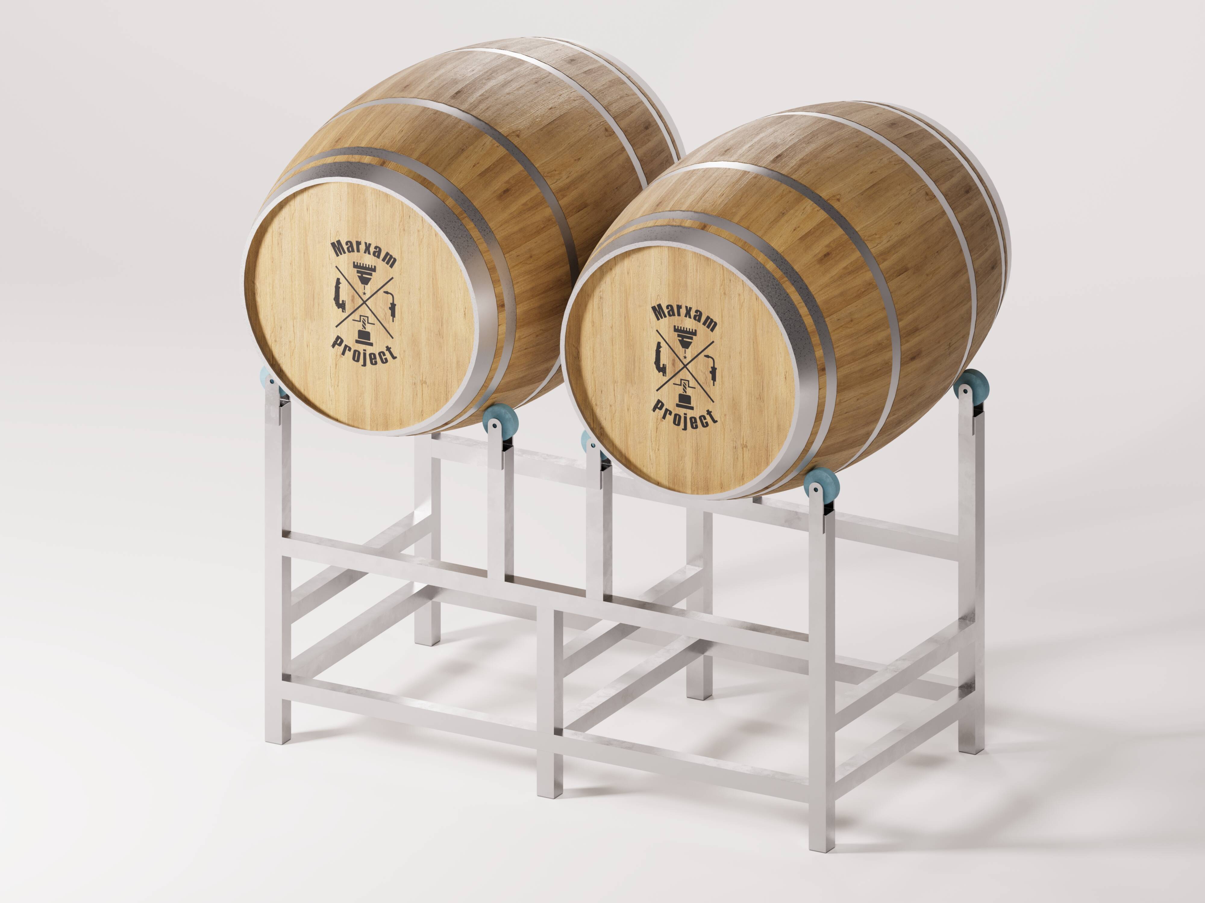 The image depicts a sturdy rotating barrel cradle supporting two well-maintained wooden barrels.