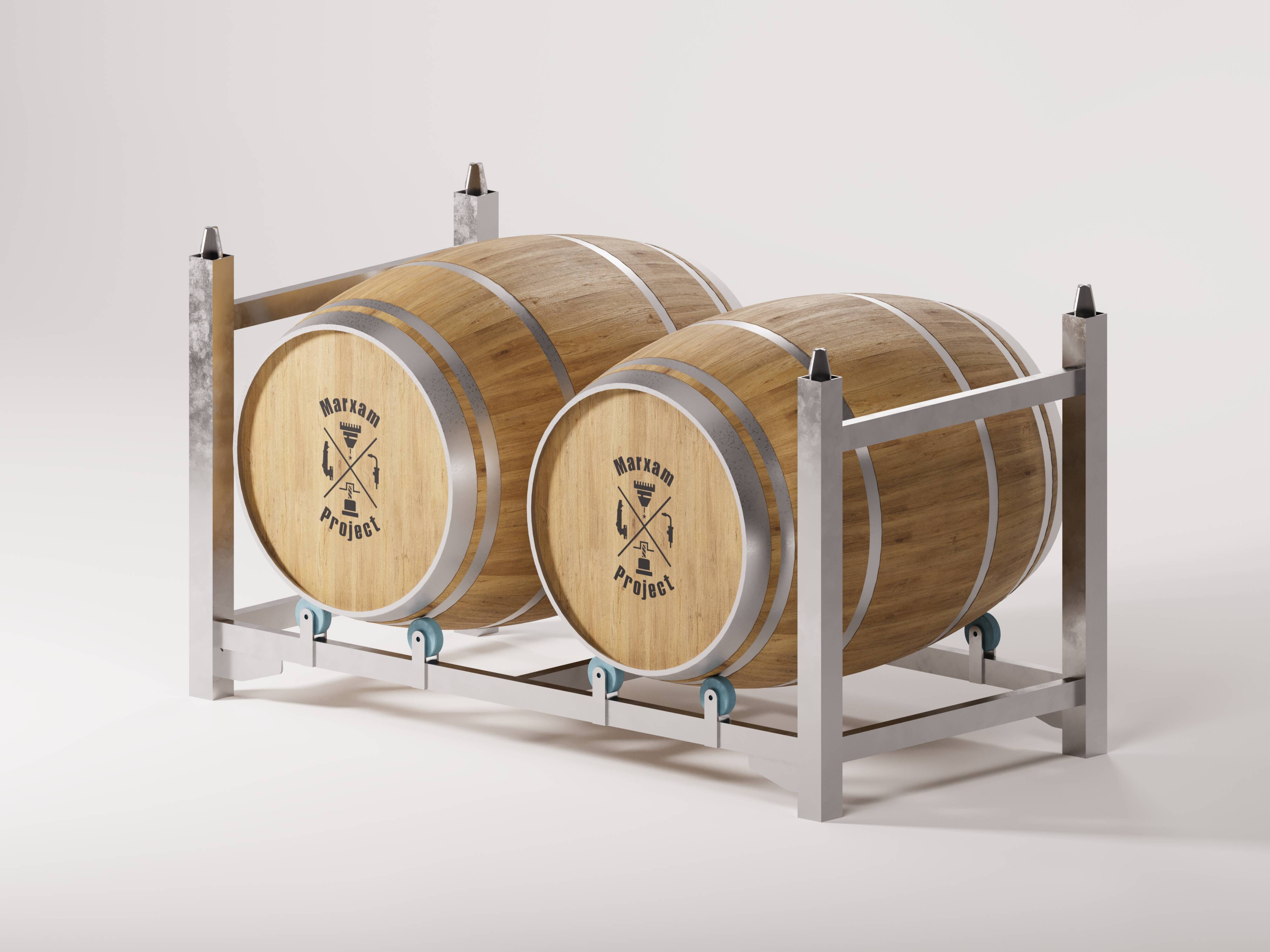 The image depicts a sturdy rotating cage barrel holder holding two well-maintained wooden barrels.