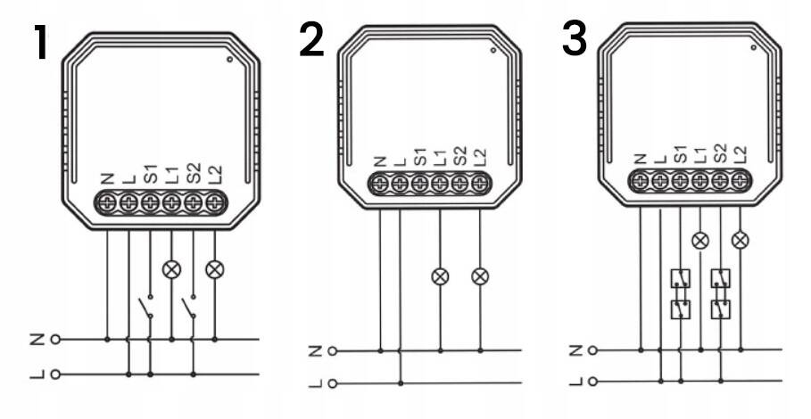 Modemix - Smart home - schemat montażu sterownika - /przełącznik dwuklawiszowy /montaż bez przełącznika /przełącznik dwuklawiszowy schodowy