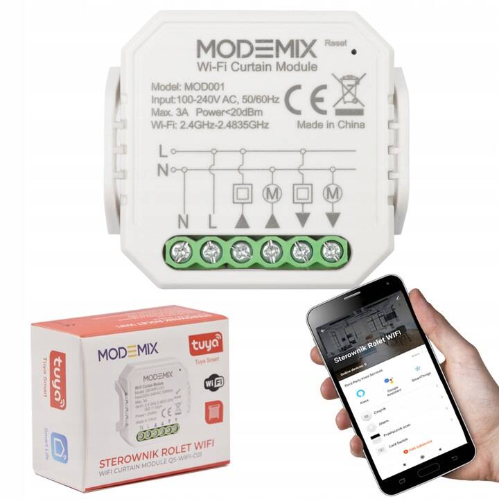 Modemix MOD001 - sterownik rolet WiFi - pudełko, produkt i aplikacja