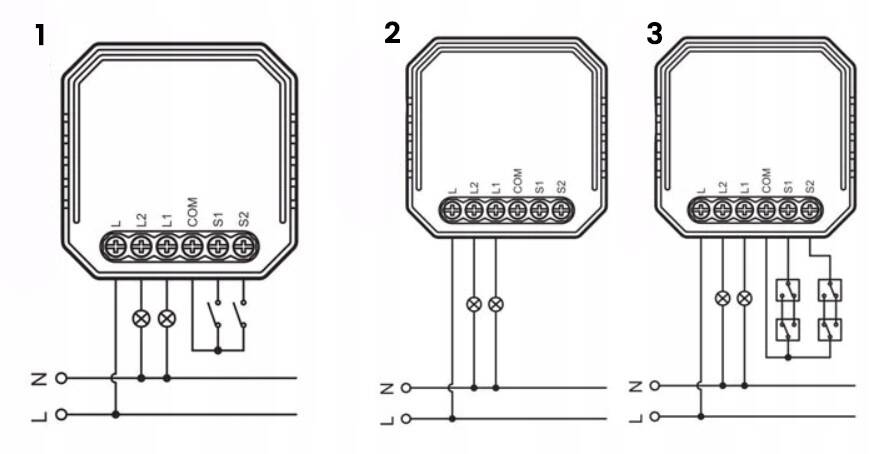 Schemat montażowy dopuszkowego sterownika światła - 2 kanały, z możliwym montażem na 3 sposoby 1. przedłącznik dwuklawiszowy (nieschodowy) 2. Montaż bez przełącznika 3. Przełącznik duwklawiszowy schodowy 
