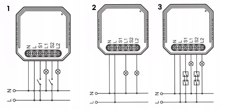 Modemix MOD014 - schemat montażowy sterownika do oświetleń z przełącznikiem duwklawiszowym z montażem bez przełącznika lub przełącznik duwklawiszowy schodowy