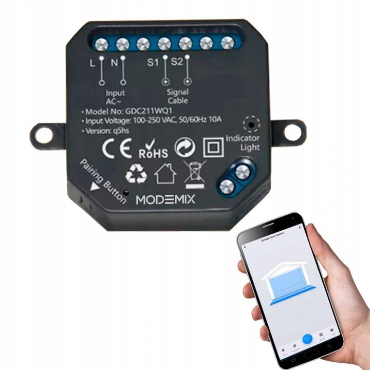 Modemix MOD030 - sterownik bramy garażowej - bezprzewodowy czujnik, wizualizacja produktu z telefonem